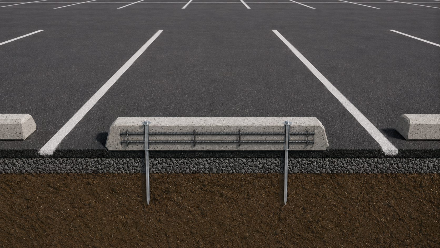Concrete wheel stop cutaway showing anchoring hardware below a parking space.