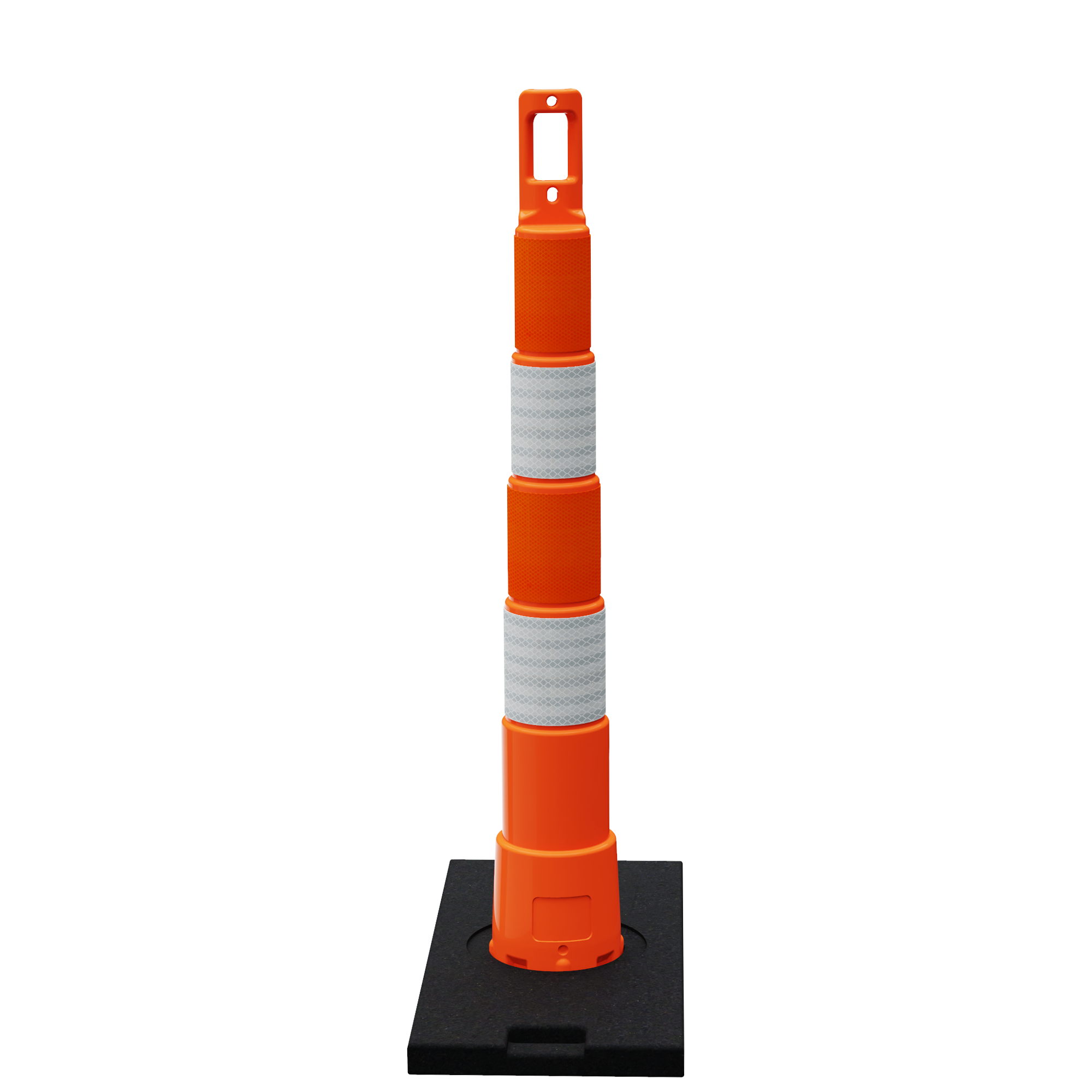 Orange Navicade channelizer with reflective bands and weighted rubber base
