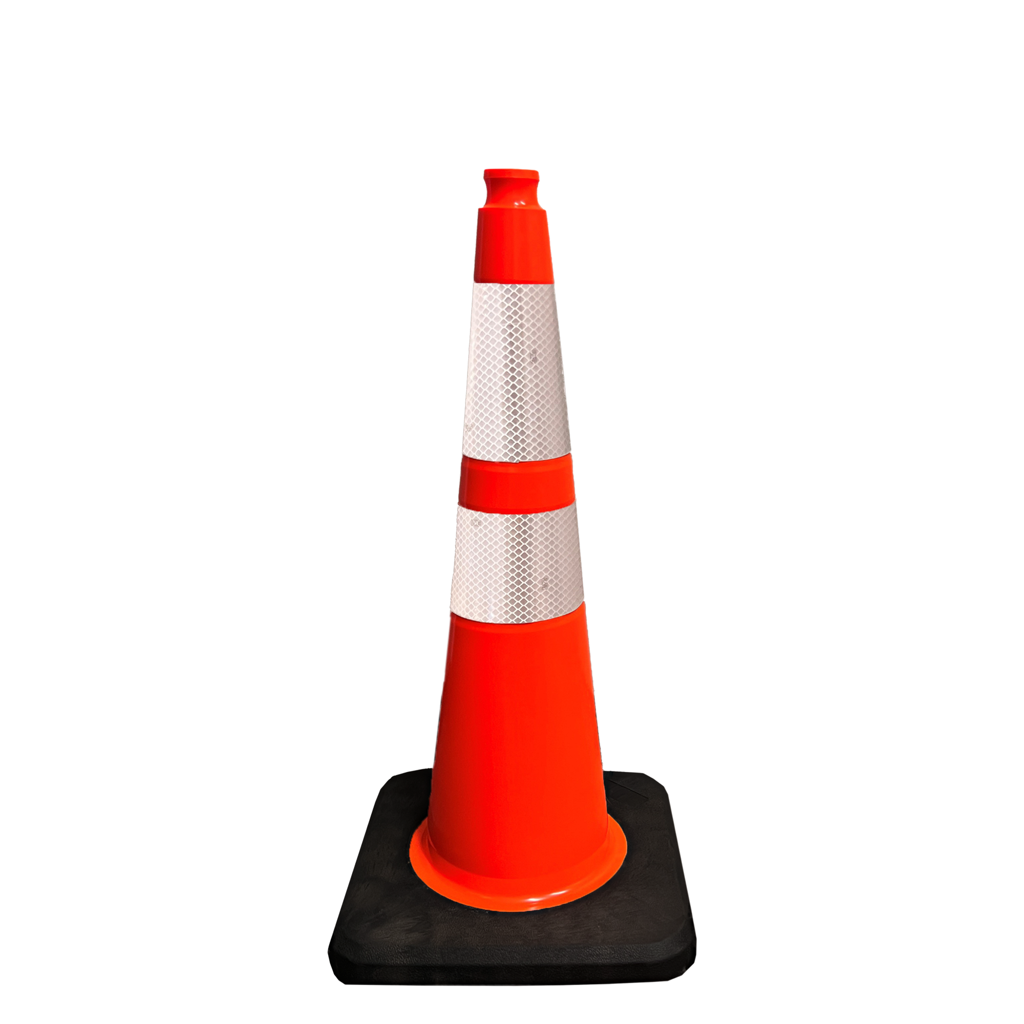 High-visibility orange traffic cone with reflective collars and weighted base