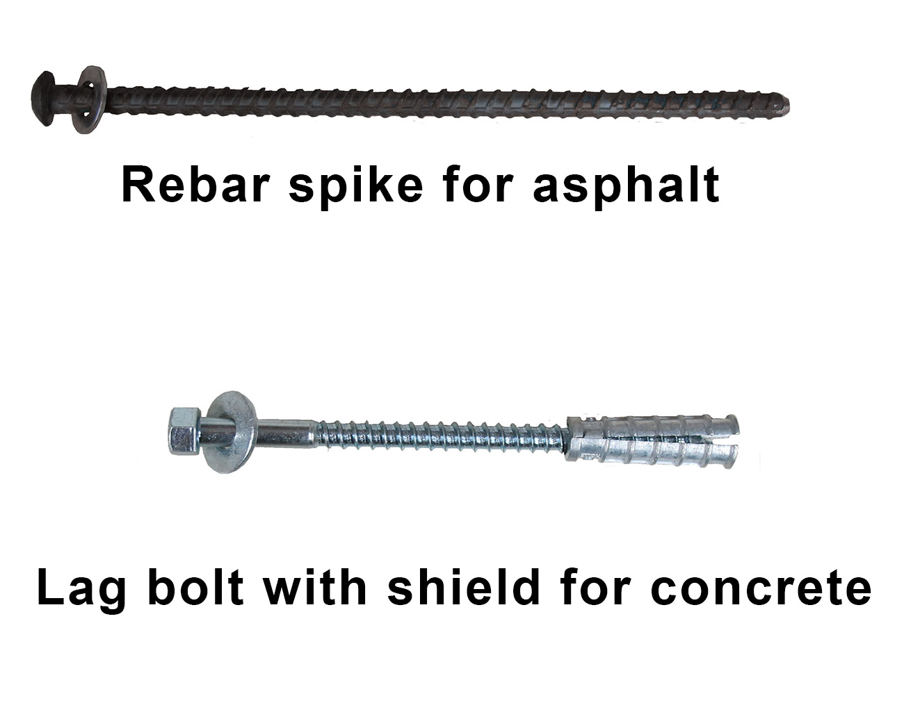 Rebar spike for asphalt and lag bolt with shield for concrete wheel-stop installation