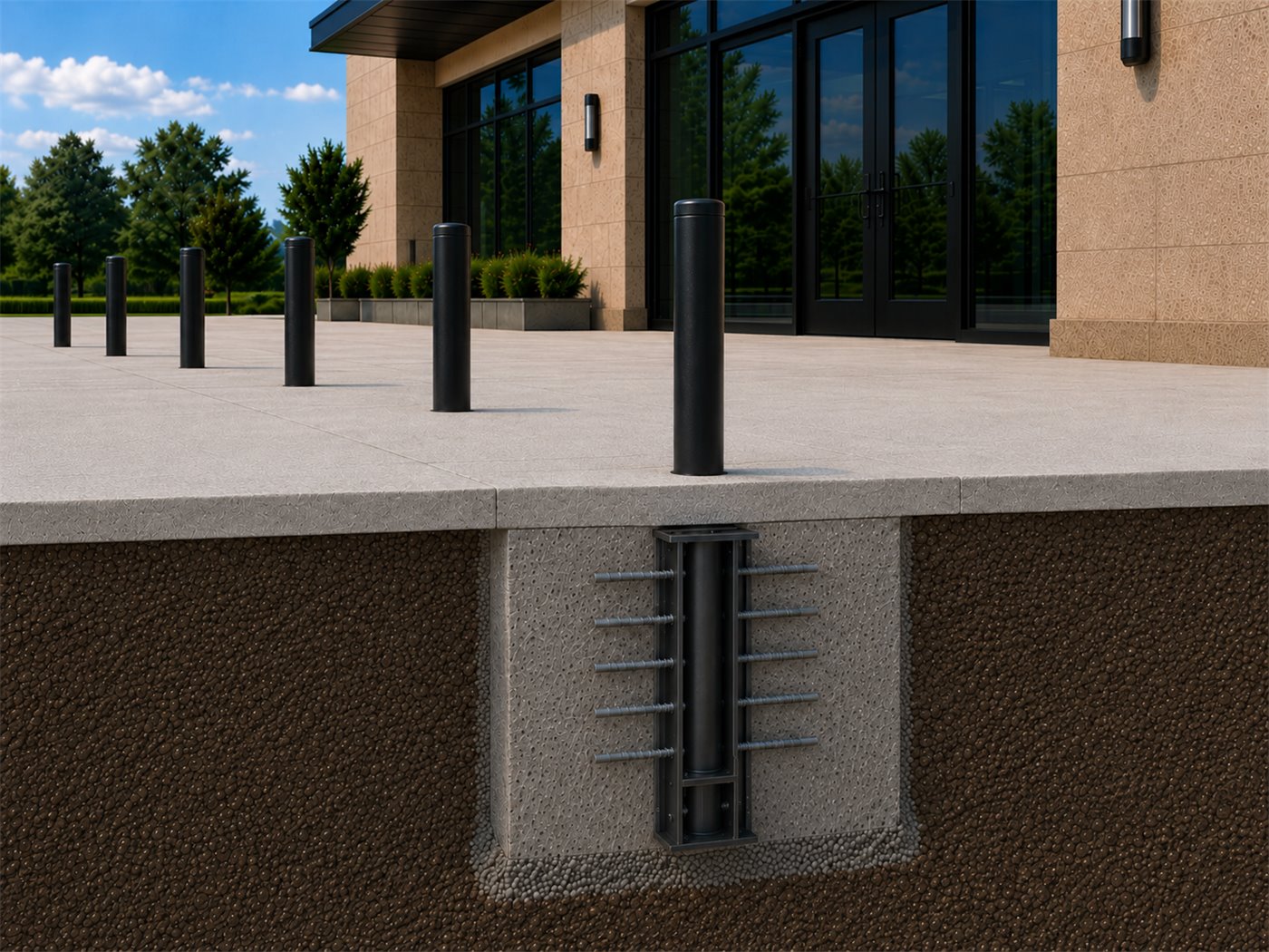 Crash-rated bollard installation cutaway showing below-grade foundation and reinforcement.