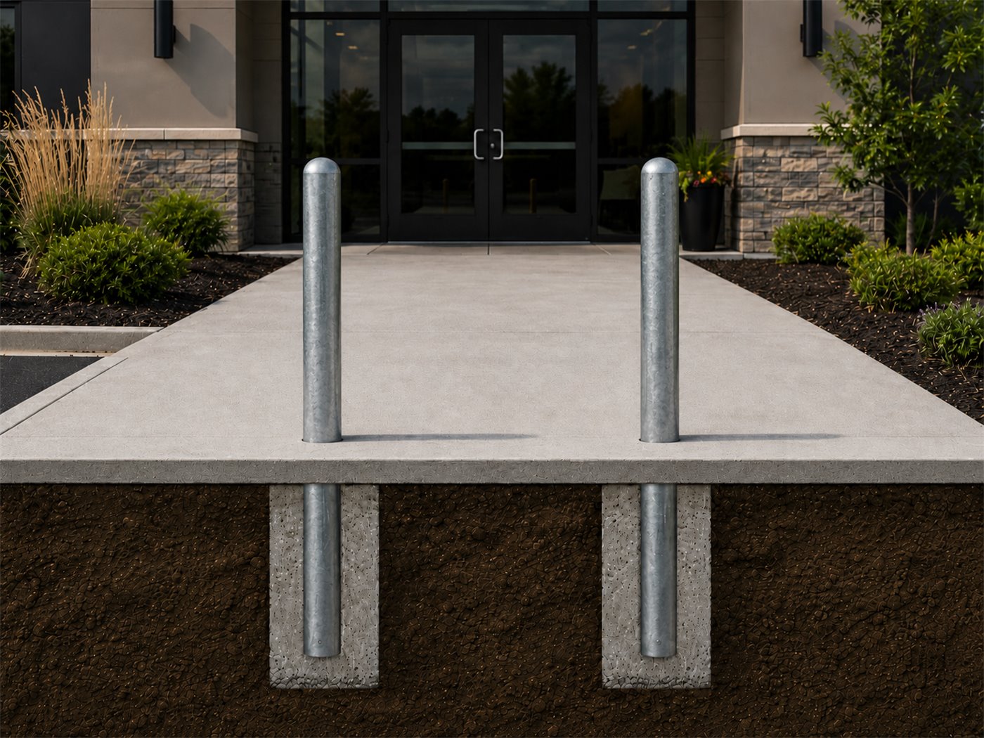 Fixed galvanized bollards installed in concrete at a building entrance.