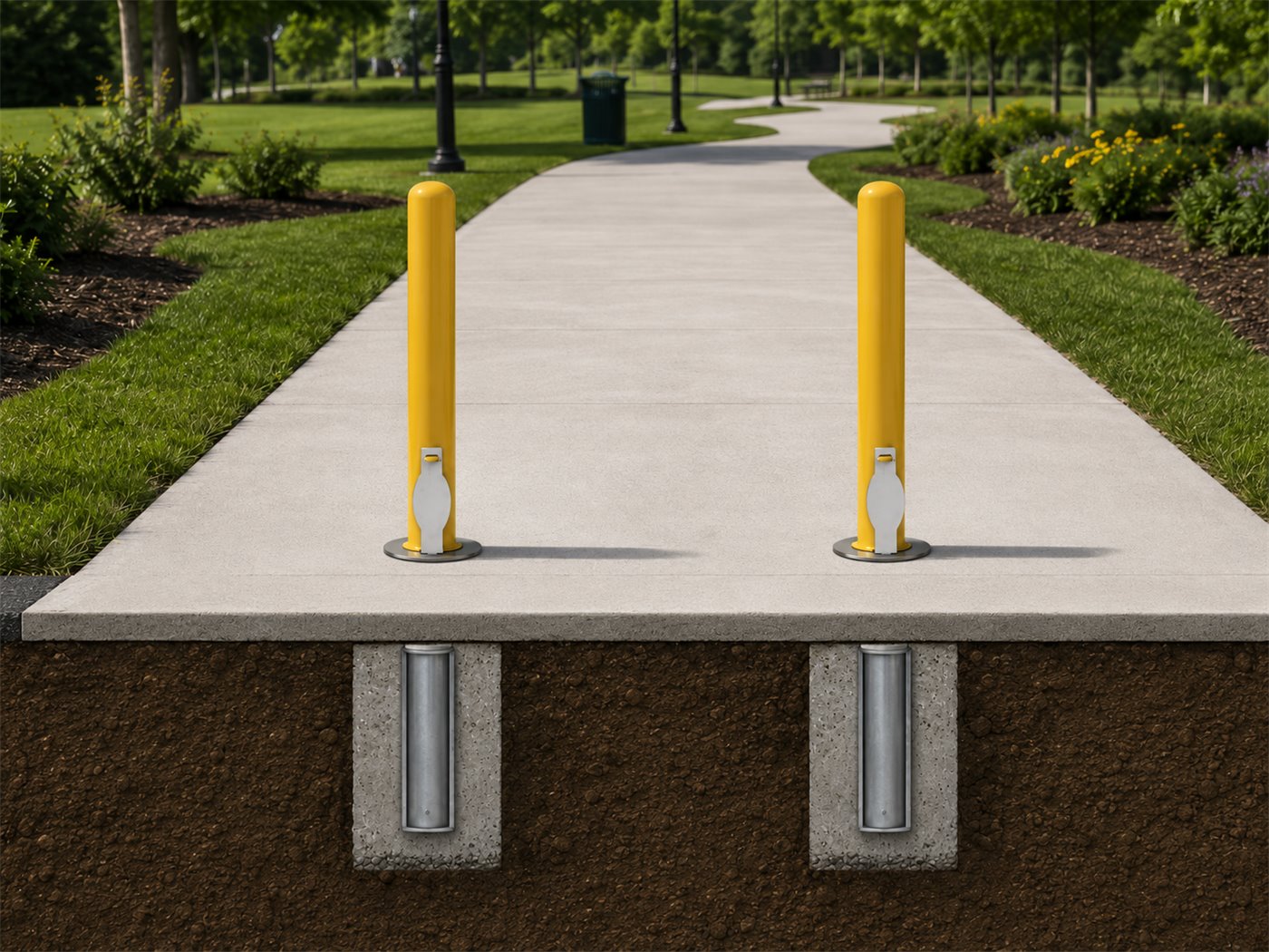 Yellow removable bollards installed in ground sleeves along a pedestrian walkway.